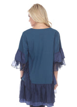 Load image into Gallery viewer, Teal and Navy Tunic Layered w/Ruffles 3/4" Sleeves.