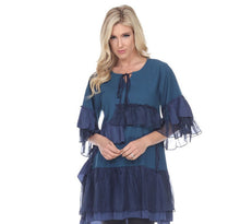 Load image into Gallery viewer, Teal and Navy Tunic Layered w/Ruffles 3/4" Sleeves.