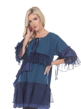 Load image into Gallery viewer, Teal and Navy Tunic Layered w/Ruffles 3/4" Sleeves.