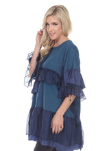 Load image into Gallery viewer, Teal and Navy Tunic Layered w/Ruffles 3/4" Sleeves.