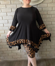 Load image into Gallery viewer, Restocked! Annabelle Black w/ Leopard Ruffled  Shark Bite Top/Tunic (S-4X)