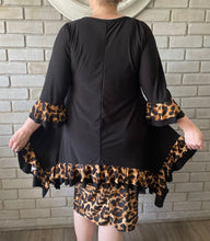 Load image into Gallery viewer, Restocked! Annabelle Black w/ Leopard Ruffled  Shark Bite Top/Tunic (S-4X)
