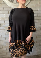 Load image into Gallery viewer, Restocked! Annabelle Black w/ Leopard Ruffled  Shark Bite Top/Tunic (S-4X)