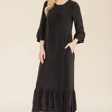 Load image into Gallery viewer, Grace Black Ruffle Hem Dress with 3/4" Ruffled Sleeves