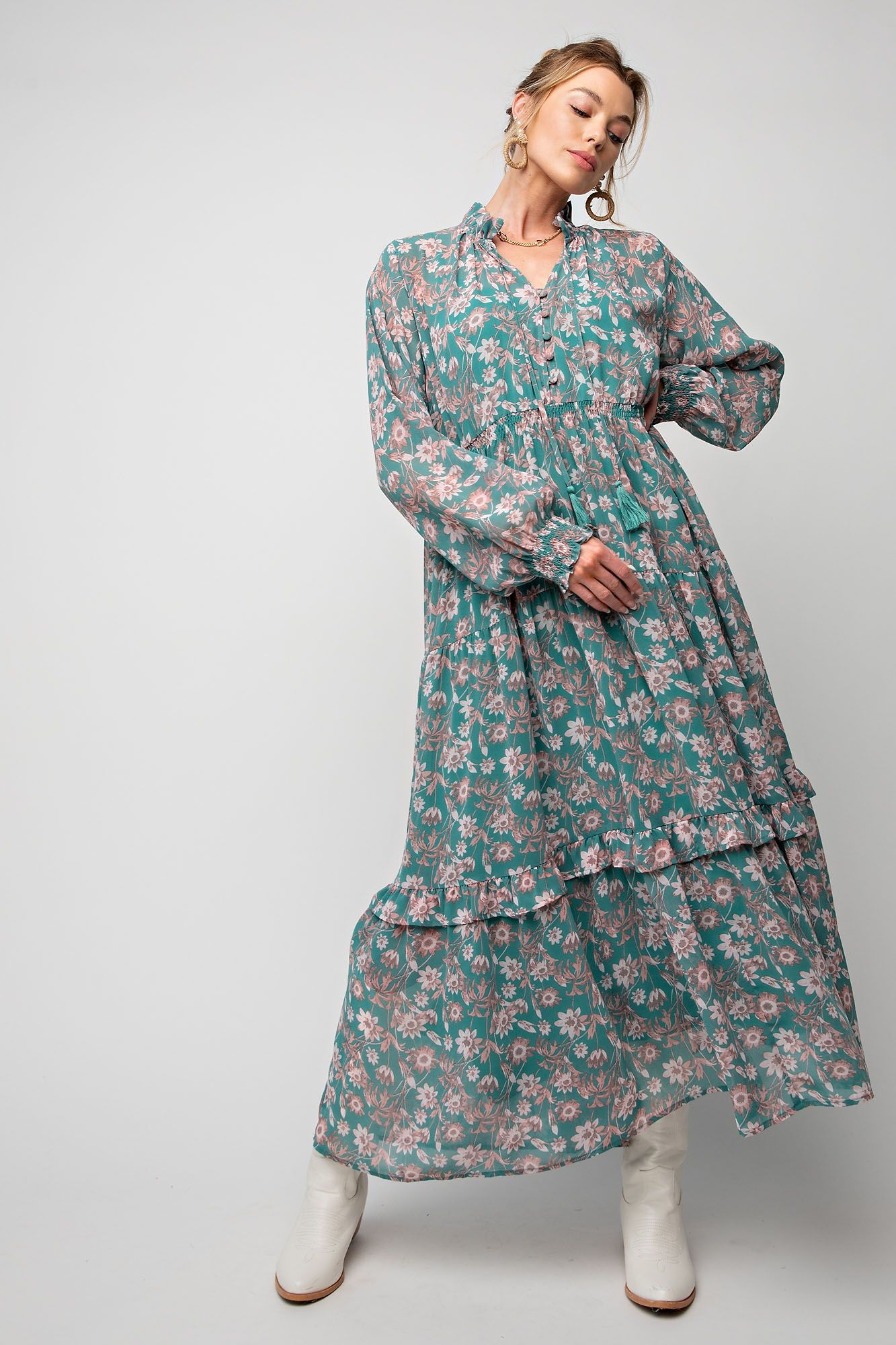 Teal Sage Green Floral Printed Chiffon Dress – Snazzy Stitches Boutique