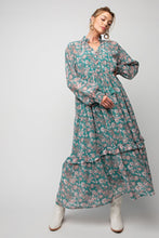 Load image into Gallery viewer, Teal Sage Green Floral Printed Chiffon  Dress