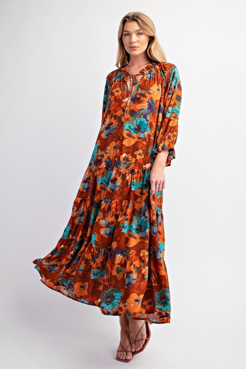 Sabrina Burnt Orange, Teal Floral 3/4 Sleeve Dress