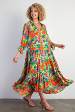 Load image into Gallery viewer, "Restocked" Lime Green and Orange Floral Printed Dress with 3/4" Sleeve.