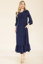 Load image into Gallery viewer, Grace Navy Ruffle Hem Dress with 3/4" Ruffled Sleeves (S-3XL)