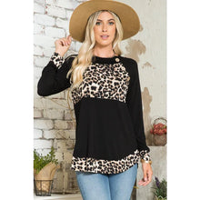 Load image into Gallery viewer, Black with Leopard Contrasted Long Sleeve Top with Rounded Hem (S-3X)