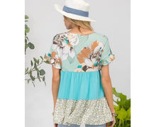 Load image into Gallery viewer, TENLEY Mint Floral Leopard Colorblock Top (S-3X)