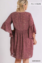 Load image into Gallery viewer, Sale! MARY Dark Mauve Floral Burnout Dress/Tunic w/ Bell Sleeves (S-2XL)