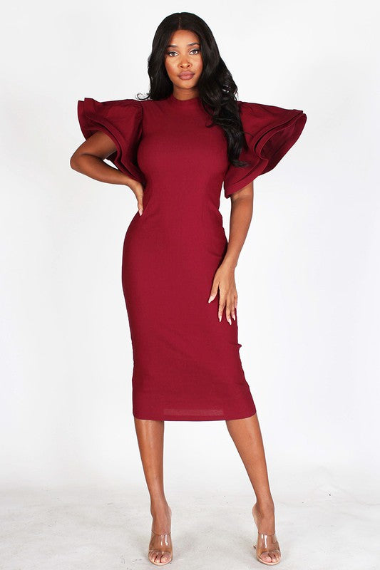 Wine Dress with Butterfly Sleeves and Ruffle Detailing (S-3X)