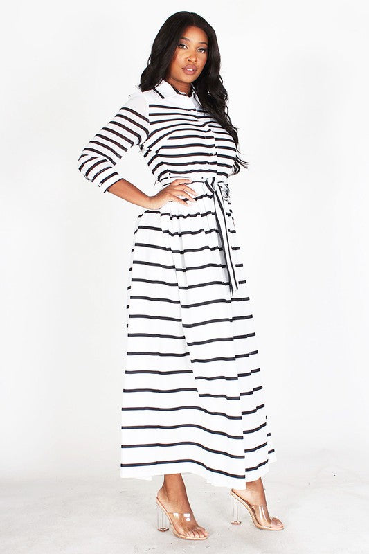 Black & White Collared Striped Dress with 3/4 Length Sleeves (S-L)