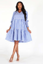 Load image into Gallery viewer, Blue Gingham Three-Tier  Dress with Bishop Sleeves
