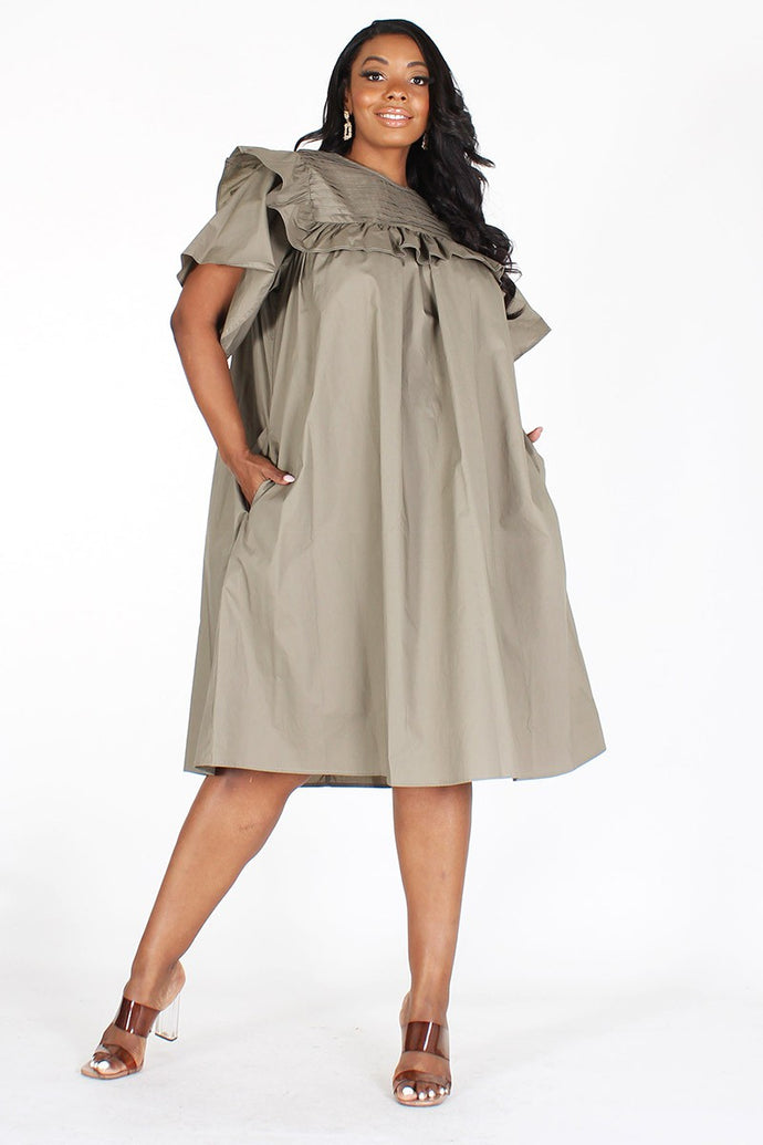 Pale Olive Ruffle Detail Dress with Butterfly Sleeves  (S-3X)