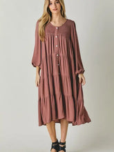 Load image into Gallery viewer, Mauve Button Down Smocked Ruffle Midi Dress
