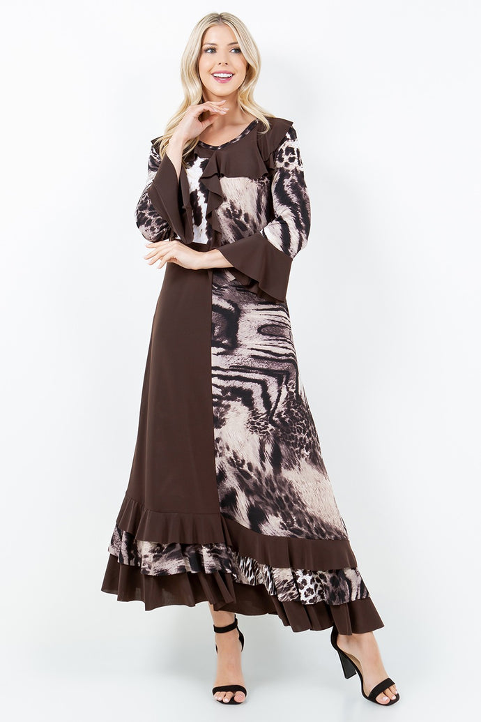 Chocolate Brown Animal Print Ruffled Dress (S-3XL)