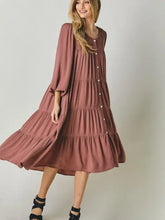 Load image into Gallery viewer, Mauve Button Down Smocked Ruffle Midi Dress
