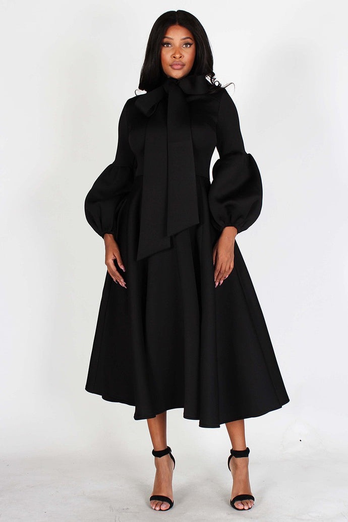Black Solid Designer Dress w/Bow Tie and Puffed Sleeves
