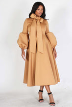 Load image into Gallery viewer, Neutral Tan Solid Dress w/bow tie and Puff Sleeves-
