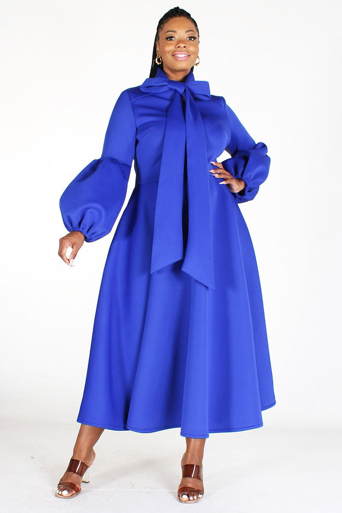Royal Blue Solid Dress w/Bow Tie and Puffed Sleeves