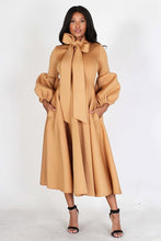 Load image into Gallery viewer, Neutral Tan Solid Dress w/bow tie and Puff Sleeves-
