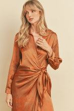 Load image into Gallery viewer, Camel/Rust Satin Wrap Dress
