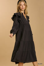 Load image into Gallery viewer, Black Collared Ruffle Long Sleeves Tiered Dress w/Long Sleeves
