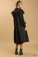 Load image into Gallery viewer, Black Collared Ruffle Long Sleeves Tiered Dress w/Long Sleeves
