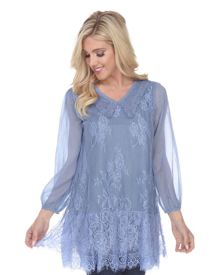 Blue Lace Overlay Top with long Sleeves