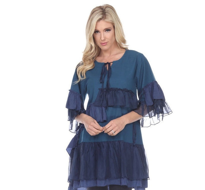 Teal and Navy Tunic Layered w/Ruffles 3/4