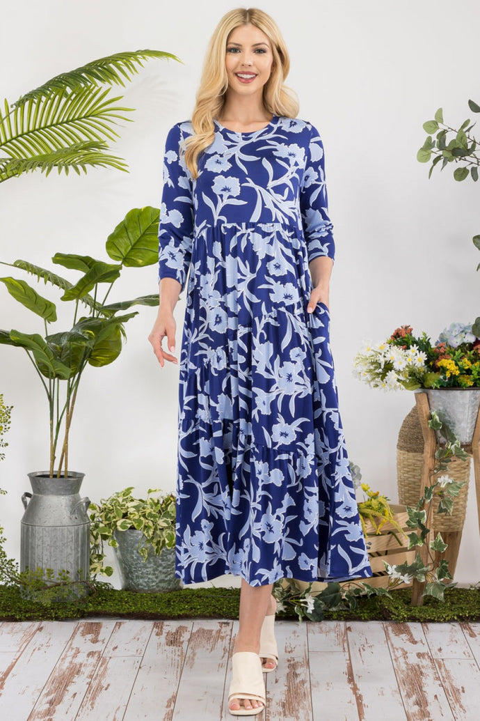 Royal Blue Floral Print Asymmetric Dress (S-3X)
