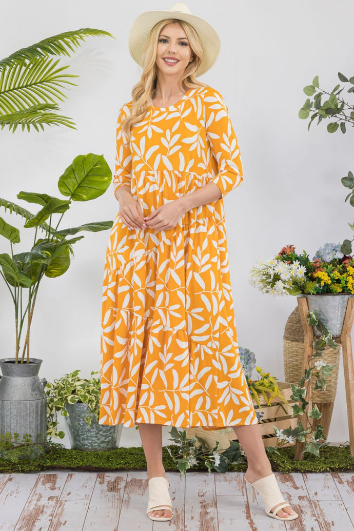 Mustard Leaf Print Asymmetric Dress (S-3X)