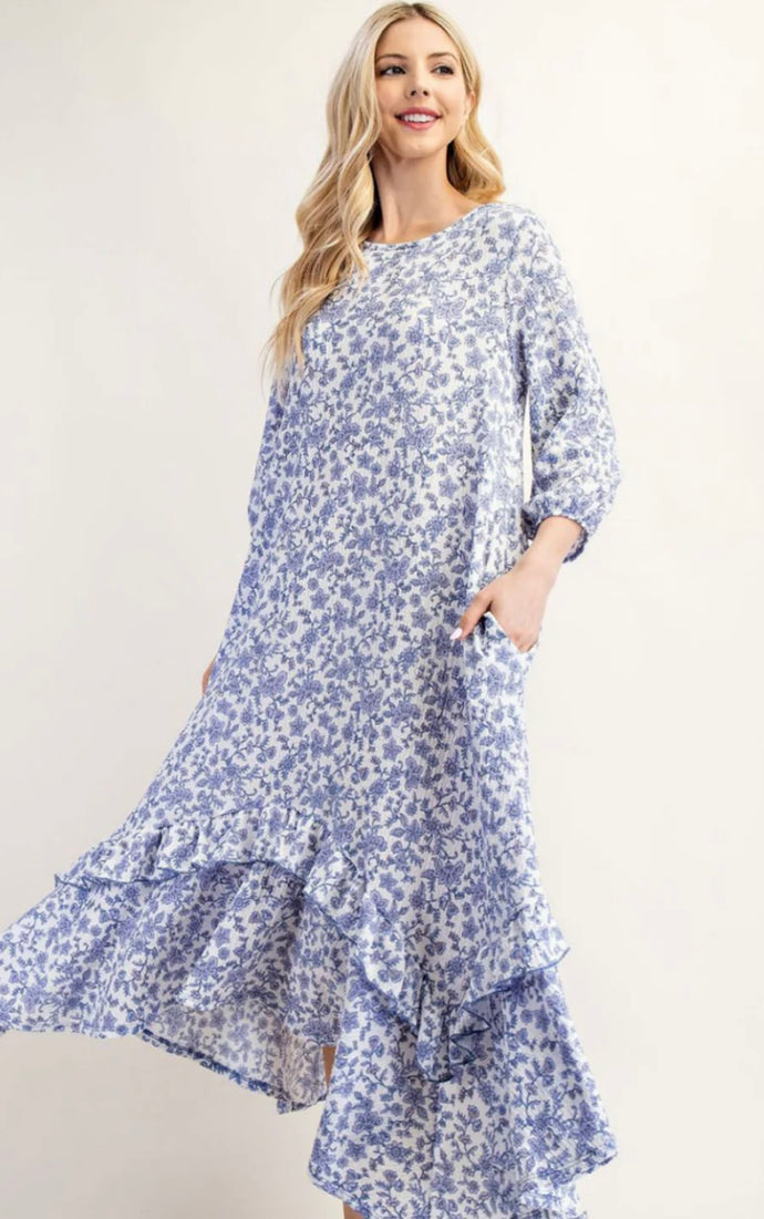 Sarah  Blue and Ivory Floral High Low Dress