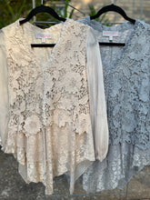 Load image into Gallery viewer, Sale! Kendal Vintage Beige, Gray, Olive  Silk  Lacy Blouse
