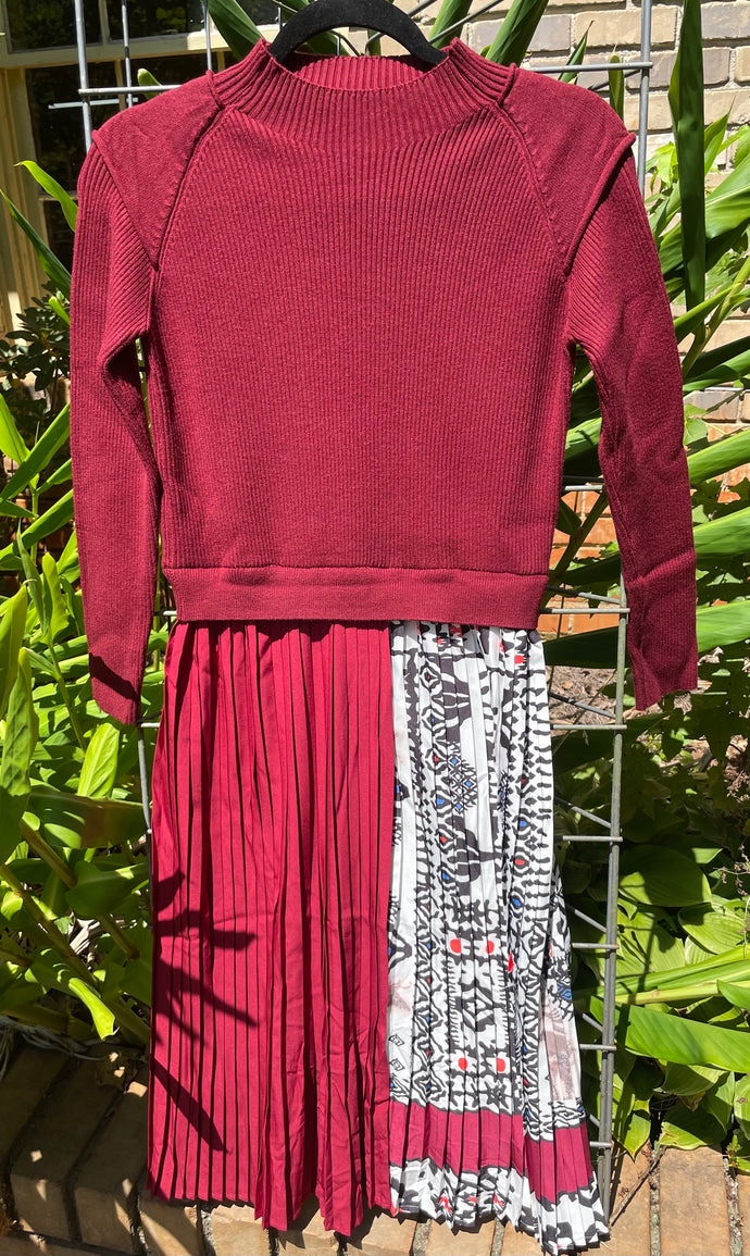 Burgundy and Navy Pleated Mixed Print Dress