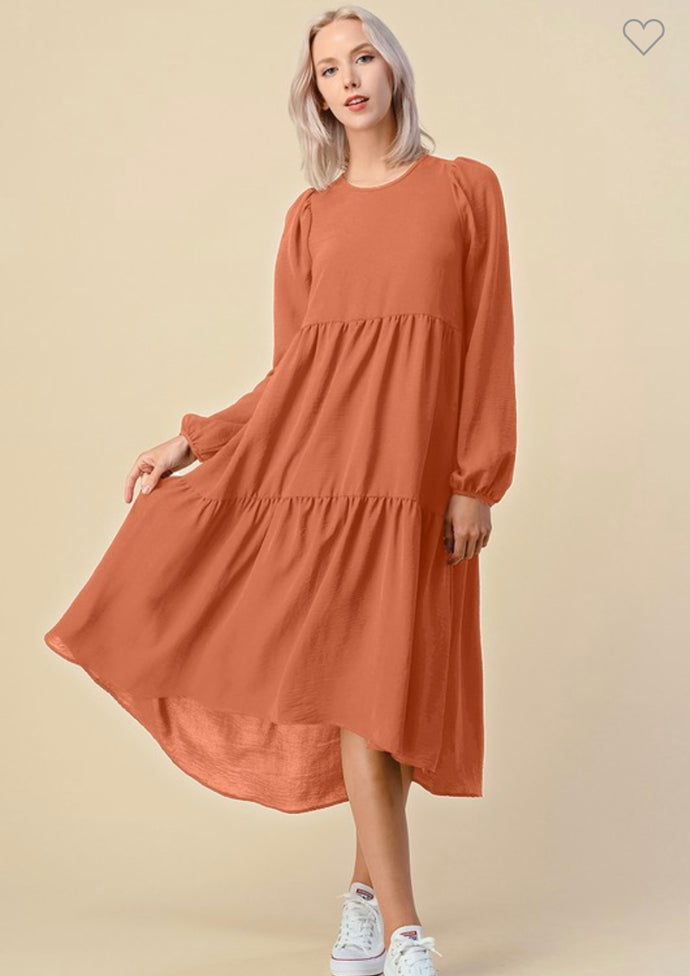 Kate  Rust Dress with Long Sleeves ( 1XL-3XL)