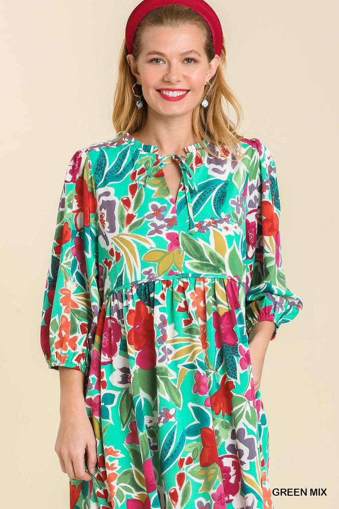 Green Floral Mix Midi Dress with pockets (S-L)