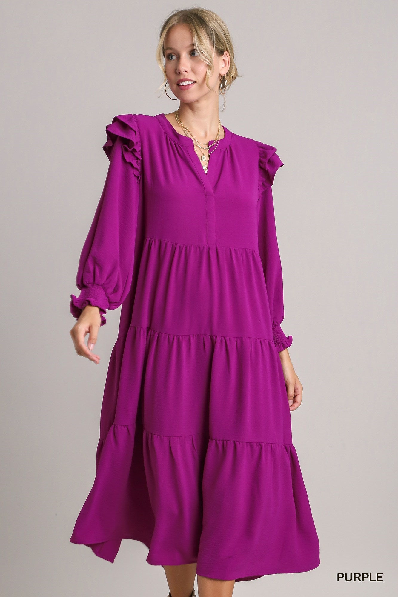 Magenta Tiered Midi Dress with Ruffles Layered Dress – Snazzy Stitches ...