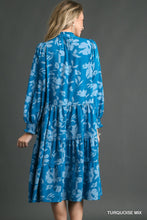 Load image into Gallery viewer, Turquoise Mix Floral Print Midi Dress with Ruffle Neck
