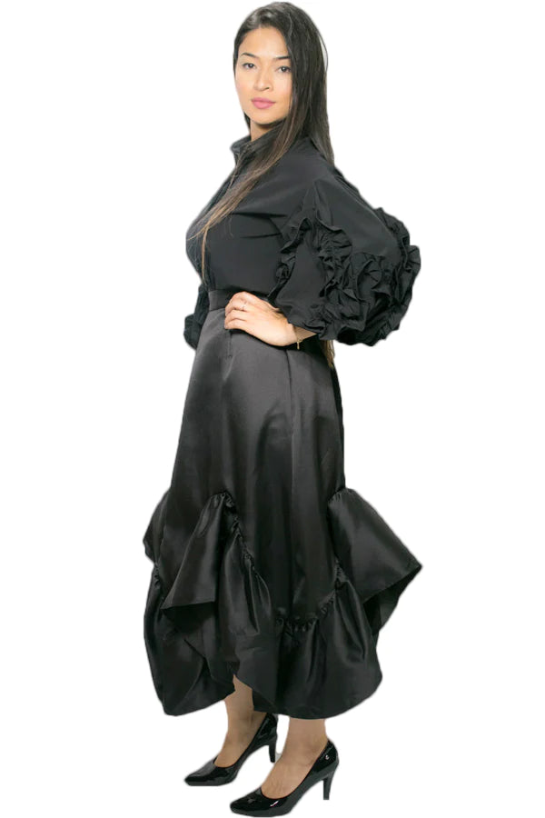 Stunning Designer Black Shiney Satin Looking Ruffled Skirt