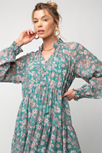 Load image into Gallery viewer, Teal Sage Green Floral Printed Chiffon  Dress

