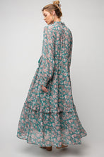 Load image into Gallery viewer, Teal Sage Green Floral Printed Chiffon  Dress
