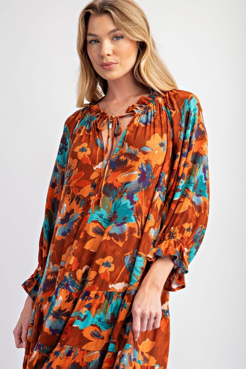 Sabrina Burnt Orange, Teal Floral 3/4 Sleeve Dress