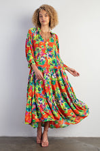 Load image into Gallery viewer, &quot;Restocked&quot; Lime Green and Orange Floral Printed Dress with 3/4&quot; Sleeve.
