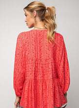 Load image into Gallery viewer, Hot Coral Printed Challis Babydoll 3/4&quot;Sleeve Top (S-3X)
