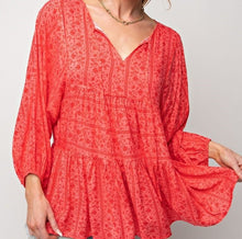 Load image into Gallery viewer, Hot Coral Printed Challis Babydoll 3/4&quot;Sleeve Top (S-3X)

