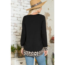 Load image into Gallery viewer, Black with Leopard Contrasted Long Sleeve Top with Rounded Hem (S-3X)
