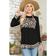 Load image into Gallery viewer, Black with Leopard Contrasted Long Sleeve Top with Rounded Hem (S-3X)
